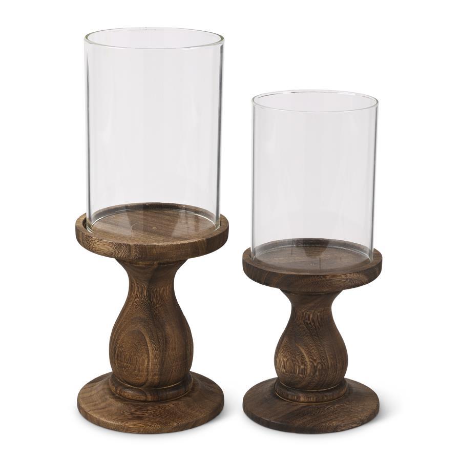 Large Glass Cylinders w/Wood Pedestal Candleholder