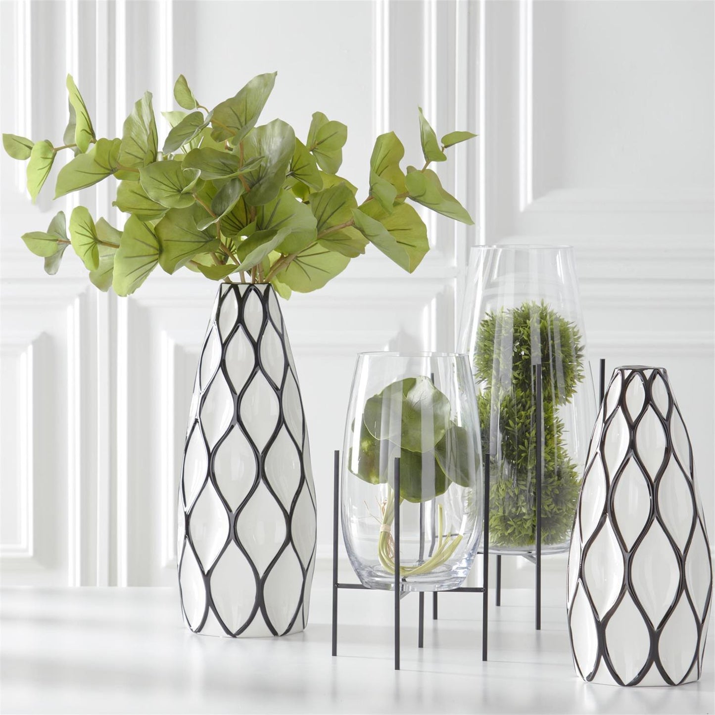 Large Glass Floating Vases on Dark Metal Stand