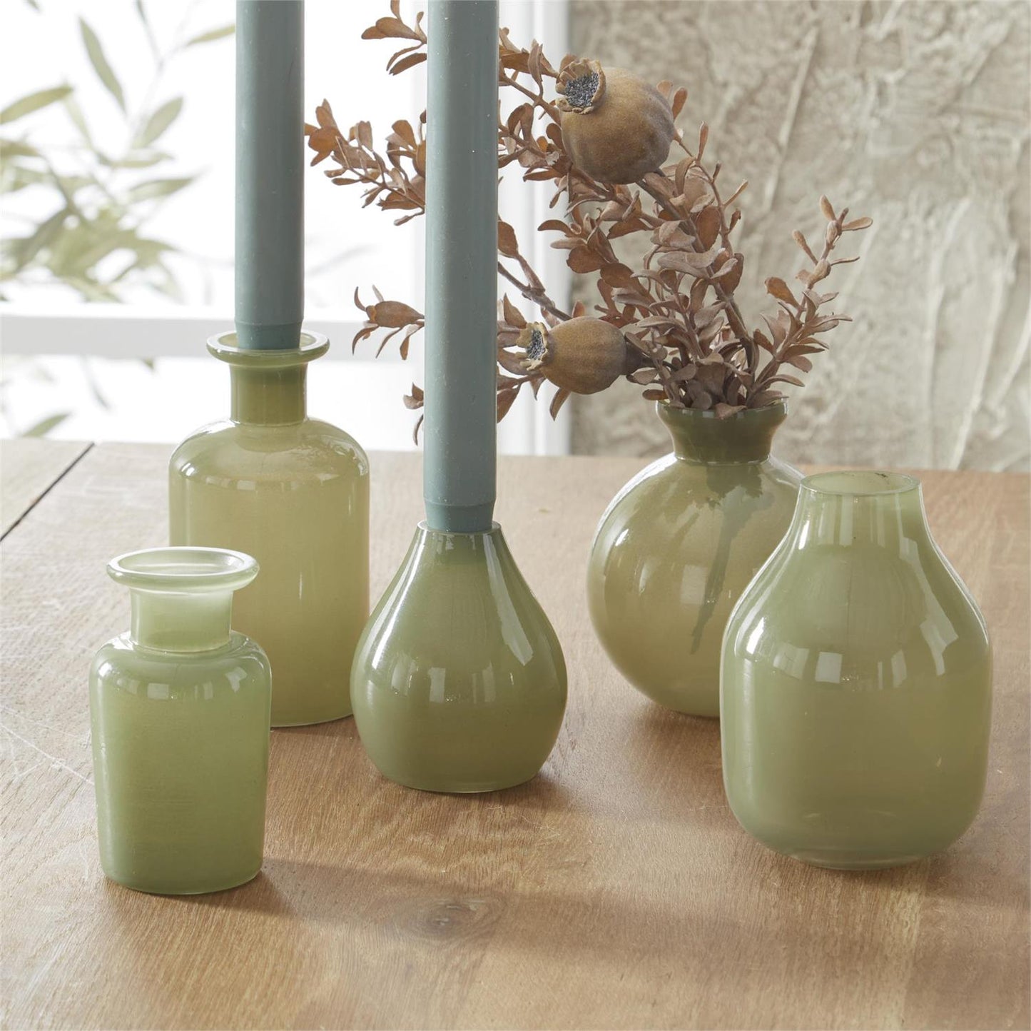 Tall Hand Sprayed Small Green Glass Vases