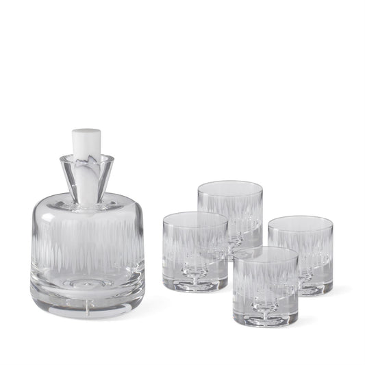 Set of 5 Line Etched Decanter & Lowball Drinking Glass