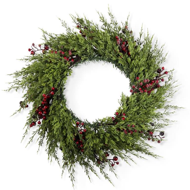 Christmas 30 Inch Cypress Pine w/Dark Red Iced Berry Wreath