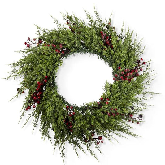 Christmas 30 Inch Cypress Pine w/Dark Red Iced Berry Wreath