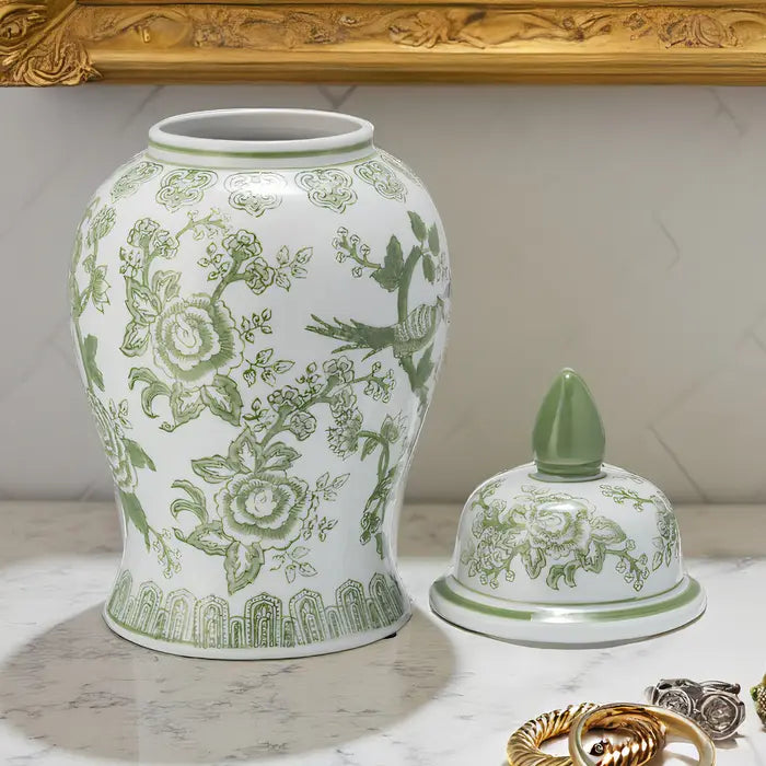 green ceramic bird/flower temple jar 14"