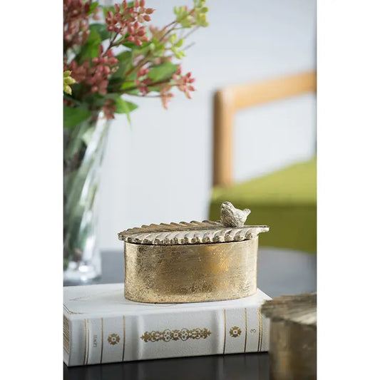 5x5x4" Resin Antique Gold Trinket Box with Bird Accents