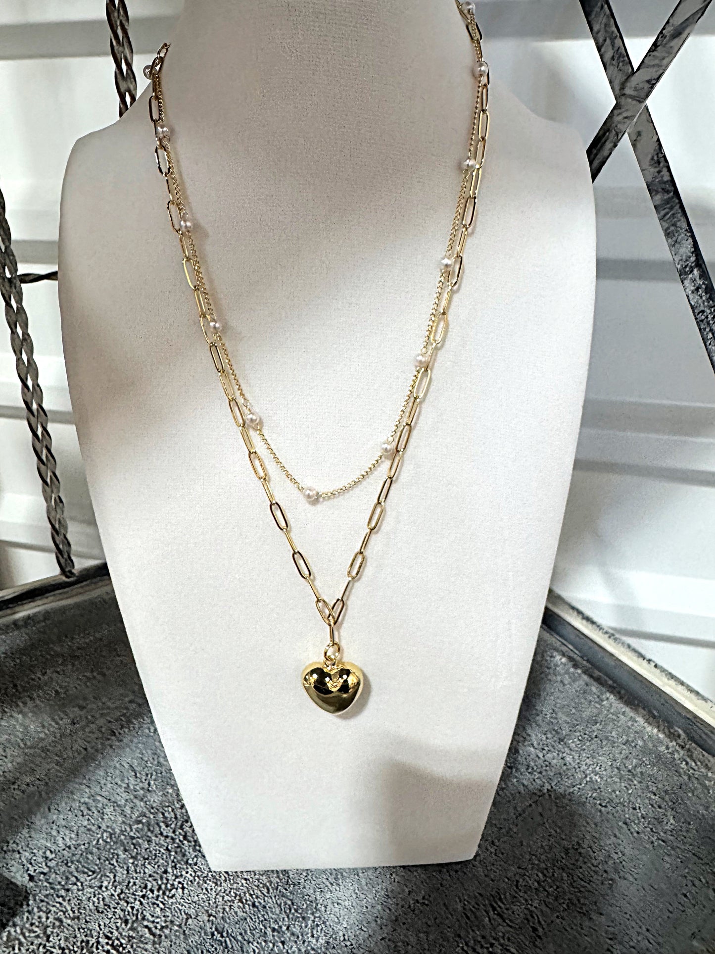 12" Gold & Pearl, 2 Layer Heart Necklace
