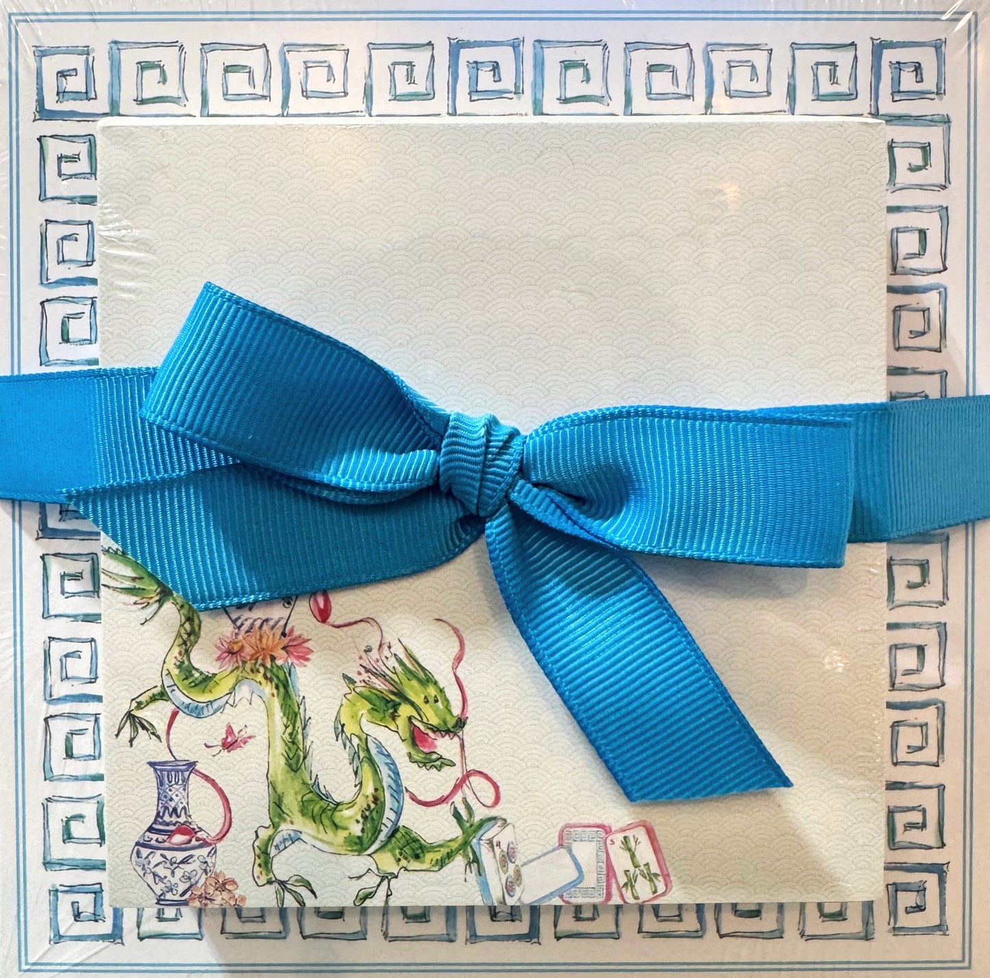 NotePad Duo-Hand Painted Blue Boarder and Green Mahjong Dragon