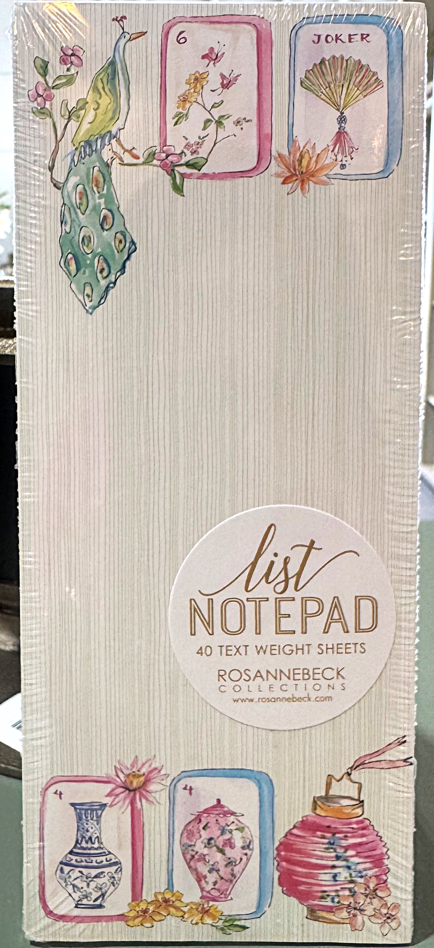 Skinny Notepad Handpainted Mahjong Tiles Bird and Lantern Green Background