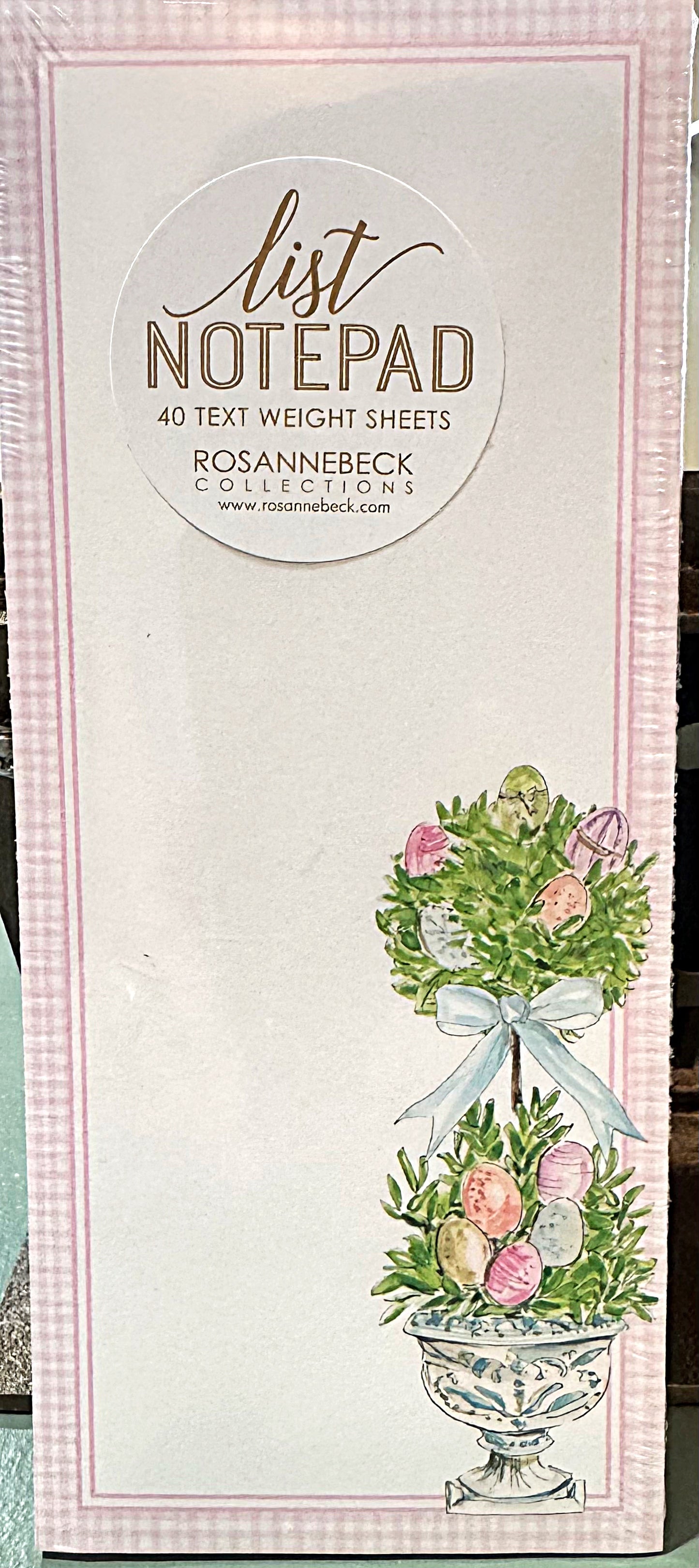 Skinny NotePad Handpainted Topiaries in Colorful Pastel Pots with Easter Eggs Pink Gingham Border
