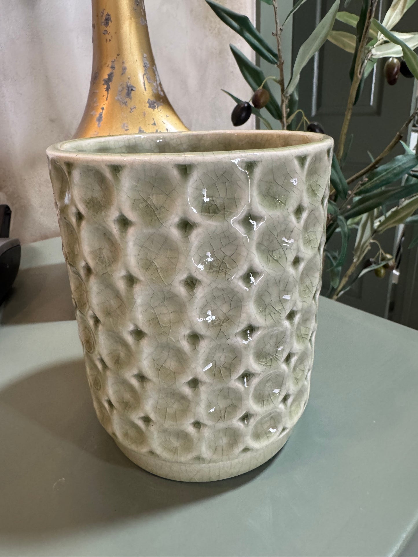 Large Sage Circle Embossed Planter