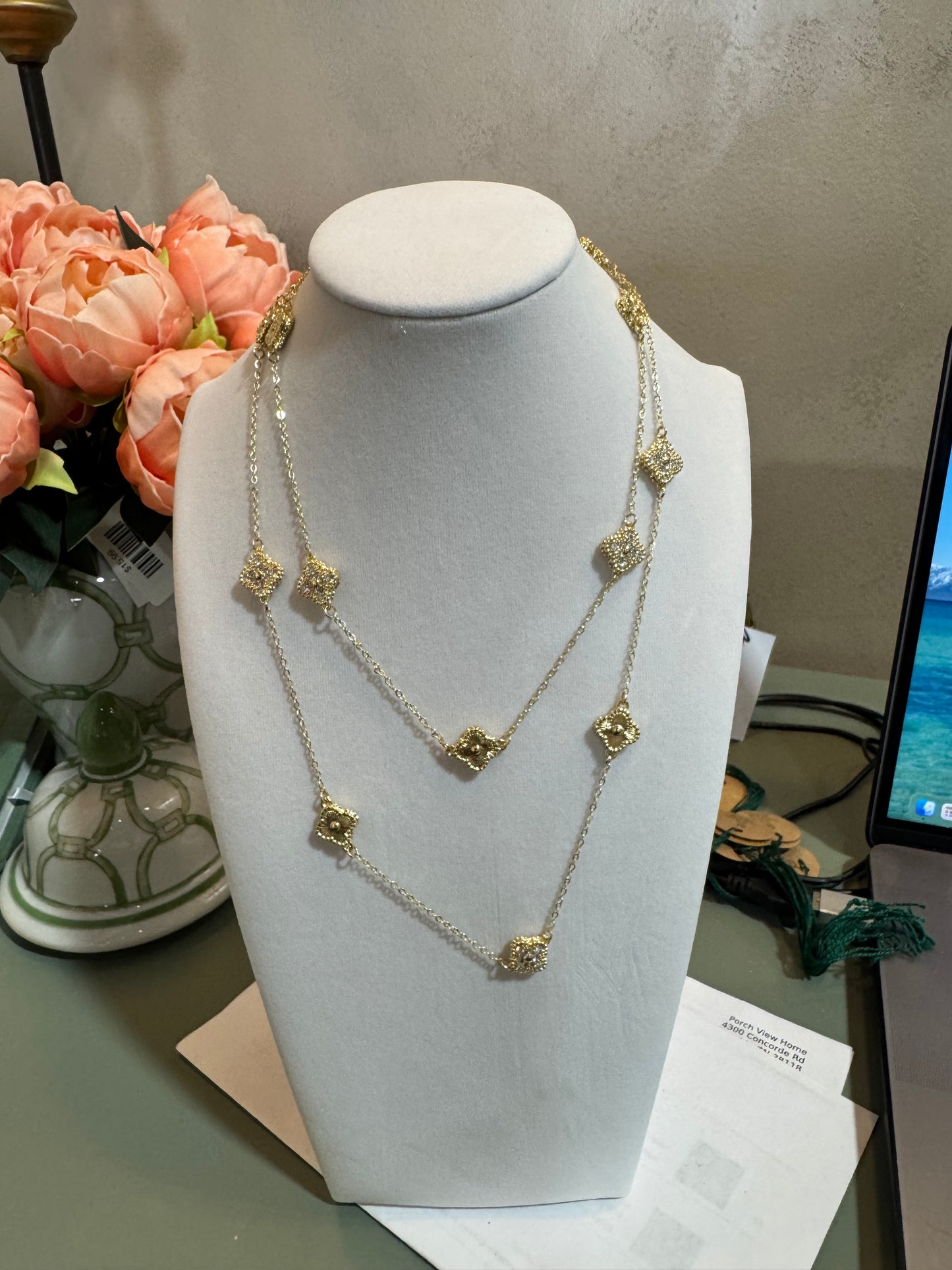 36" Gold/Crystal Clover Necklace