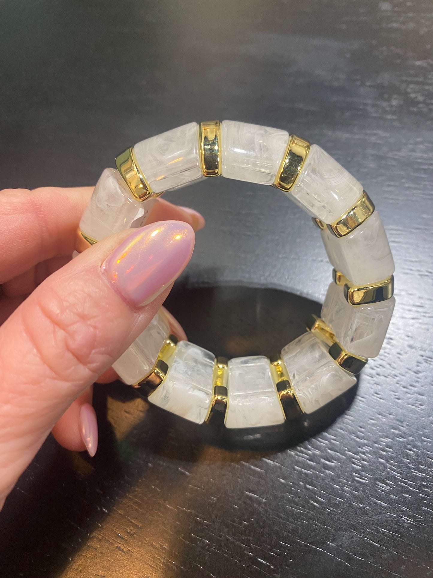 white and gold stretchy bracelet