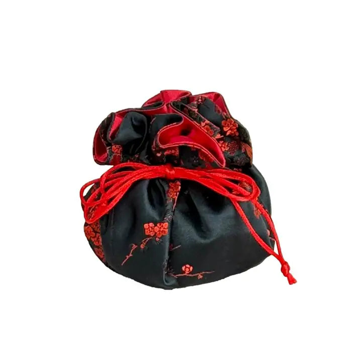 Cherry Blossom brocade jewelry pouch-black & red