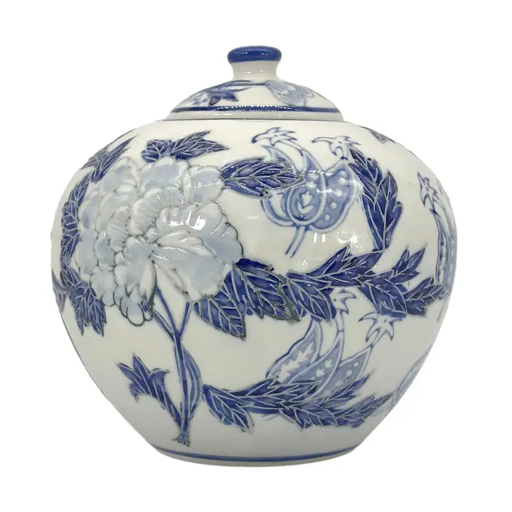Blue & White Floral Ceramic Chinoiserie Ginger Jar 8"