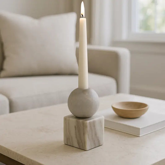 Marble Ball On Cube Taper Candle Holder - Gray, 5 in.