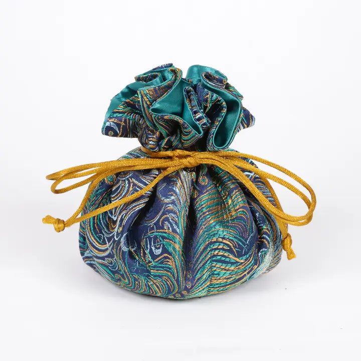 Peacock feather prints brocade jewelry pouch-navy & gold
