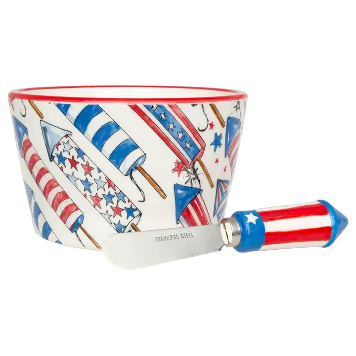 Patriotic Rockets Ceramic 14 oz Bowl & Spreader Rosanne Beck