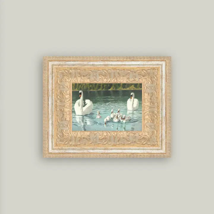 Swan Family Framed Antique Art 9x7