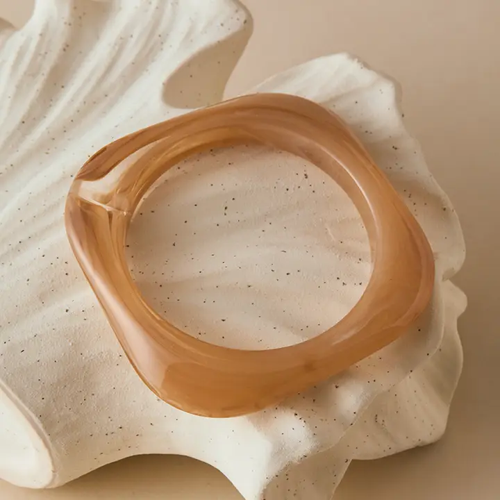 Curved Square Polyresin Bangle Cuff Bracelet Light Brown