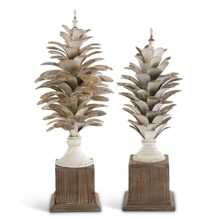 Large Gold Whitewashed Pinecone Finials on Wood Stand