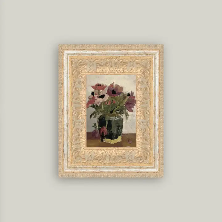 Mauve Floral Framed Antique Art 7x9