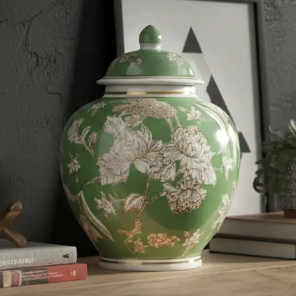Classic Green Floral Ceramic Ginger Jar 10"