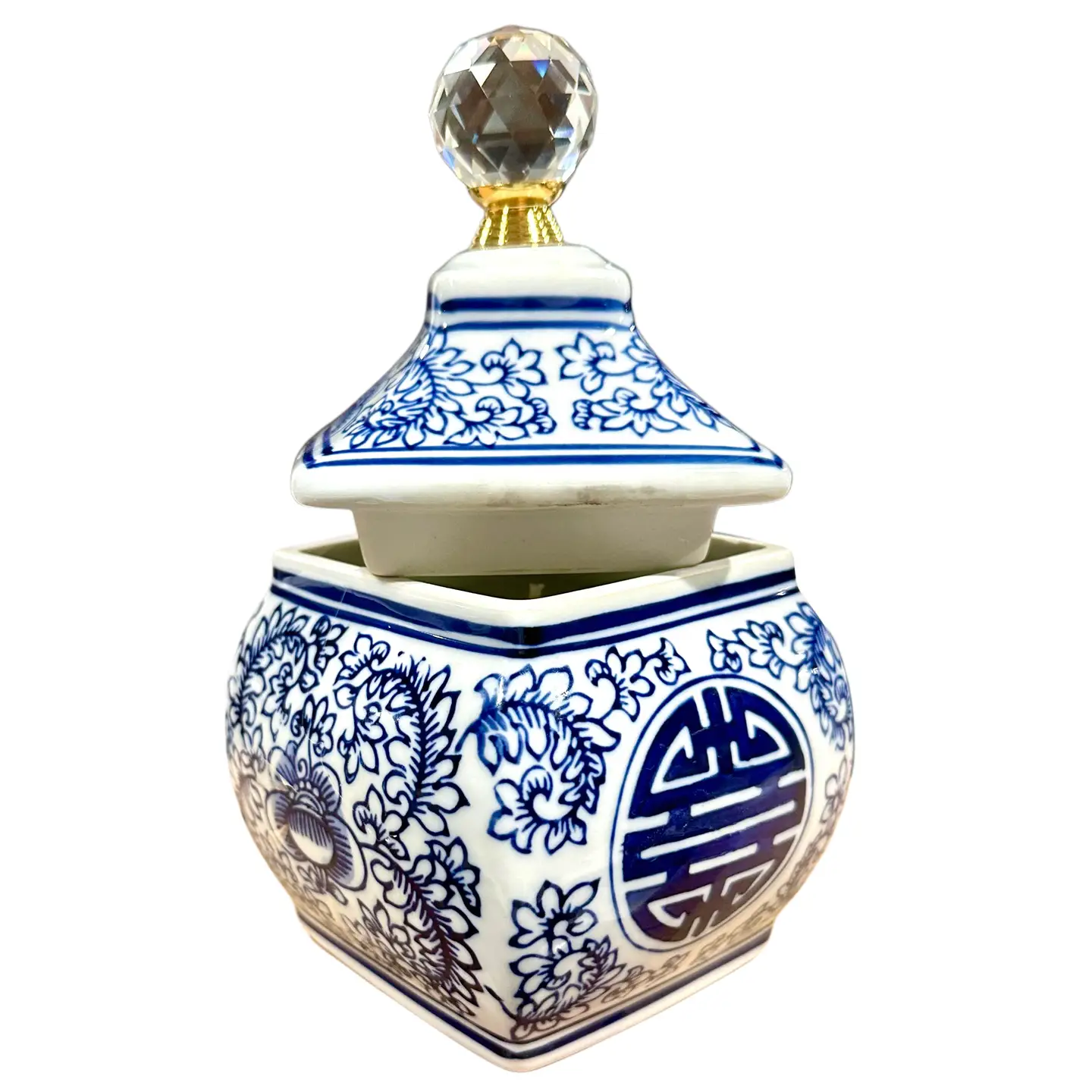 Chinoiserie Blue & White Shou Motif, Lidded Tangle