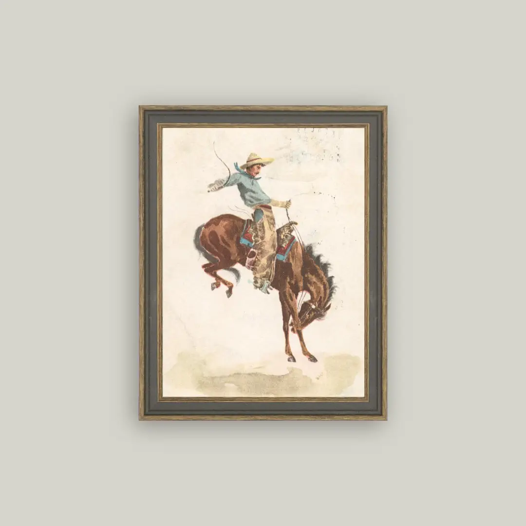 4x7" Bucking Bronco Framed Antique Art