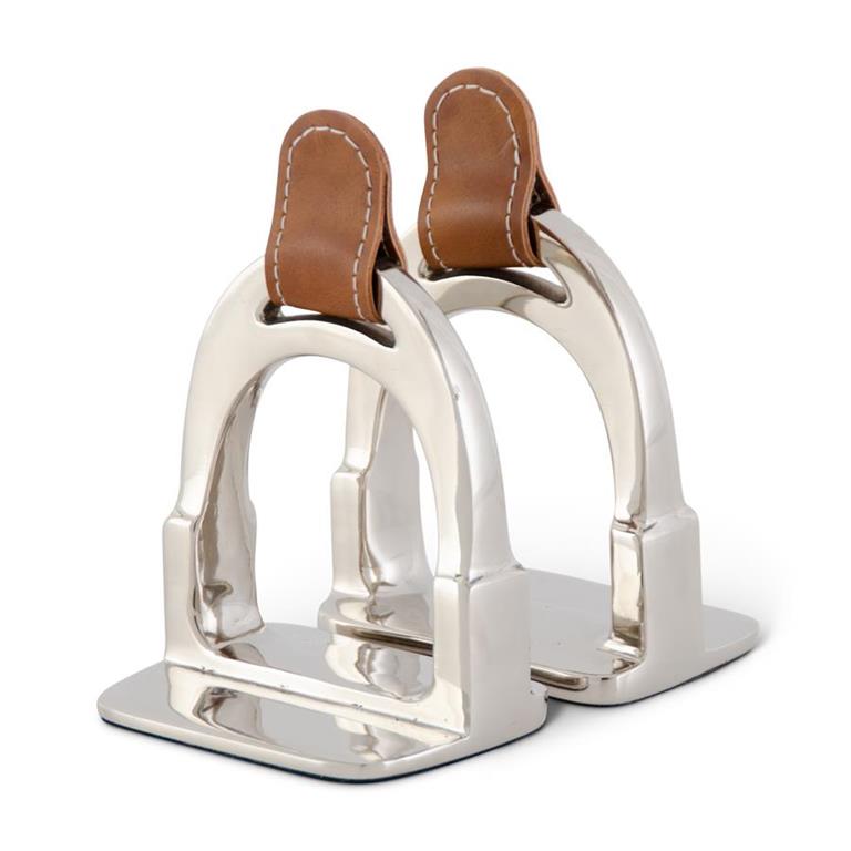 Set of 2 Silver Stirrup w/Brown Leather Strap Bookend
