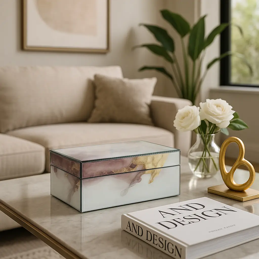 White/Gold Beige Wood Abstract Decorative Box