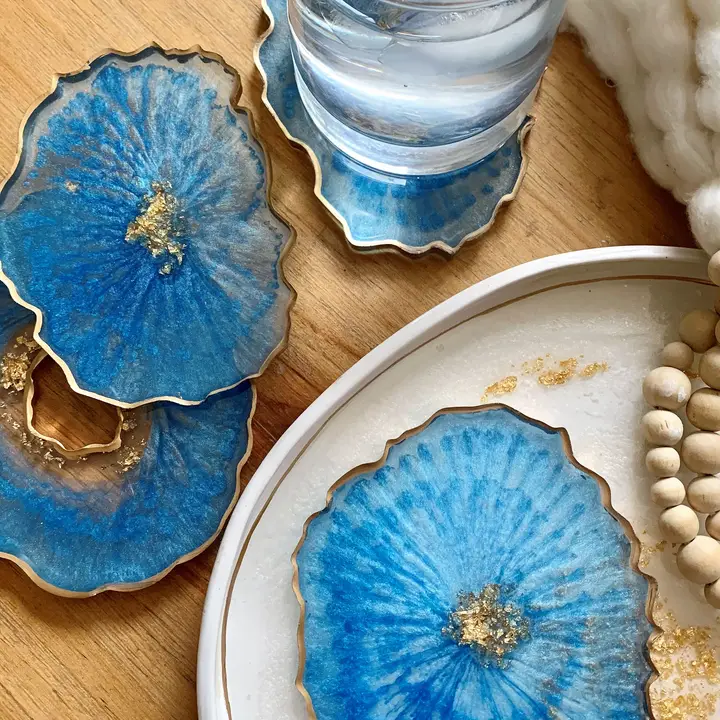 Set of 4 Free Form Geode Coasters Blue, Gold
