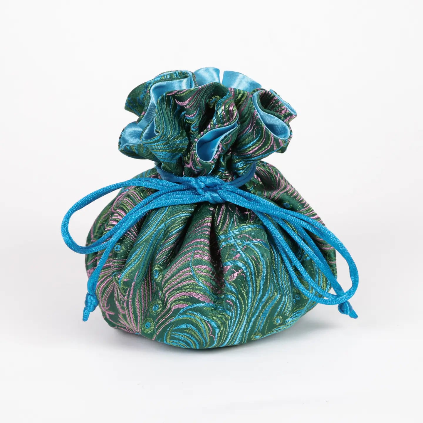 Peacock feather prints brocade jewelry pouch-teal green & pink