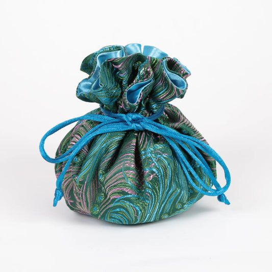 Peacock feather prints brocade jewelry pouch-teal green & pink