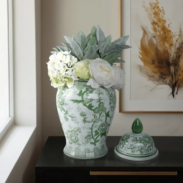 green ceramic bird/flower temple jar 18"