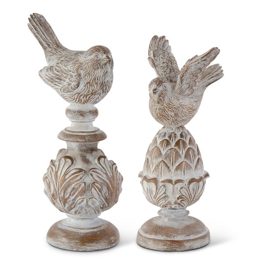 Set of 2 Whitewashed Carved Resin Finials w/Bird Top
