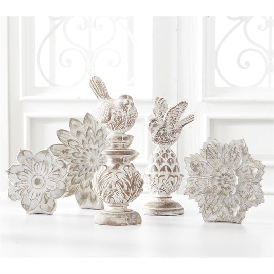 Set of 2 Whitewashed Carved Resin Finials w/Bird Top