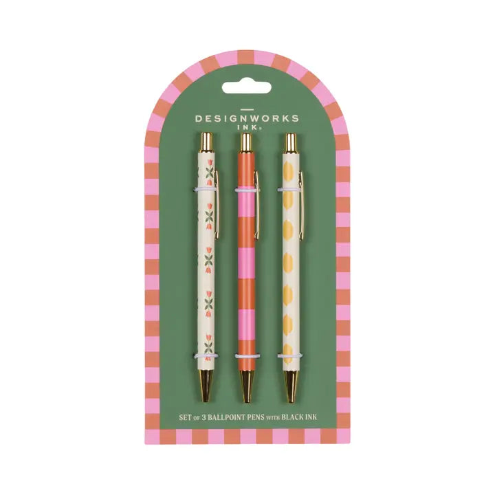 set of 3 pens-flower, stripe, lemon