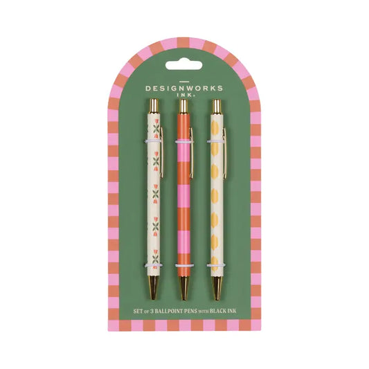 set of 3 pens-flower, stripe, lemon