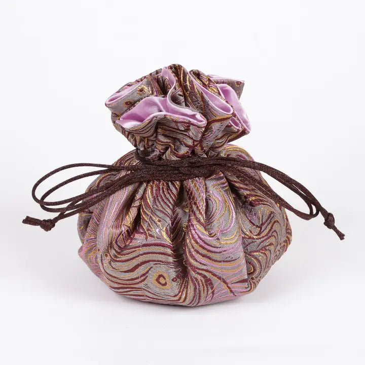 Peacock feather prints brocade jewelry pouch-gray, brown & pink