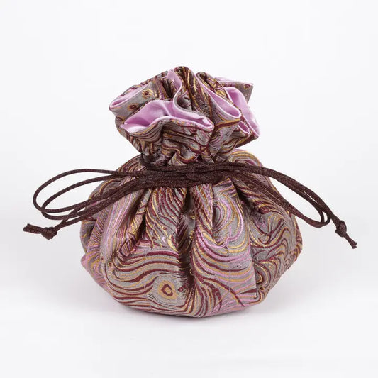 Peacock feather prints brocade jewelry pouch-gray, brown & pink