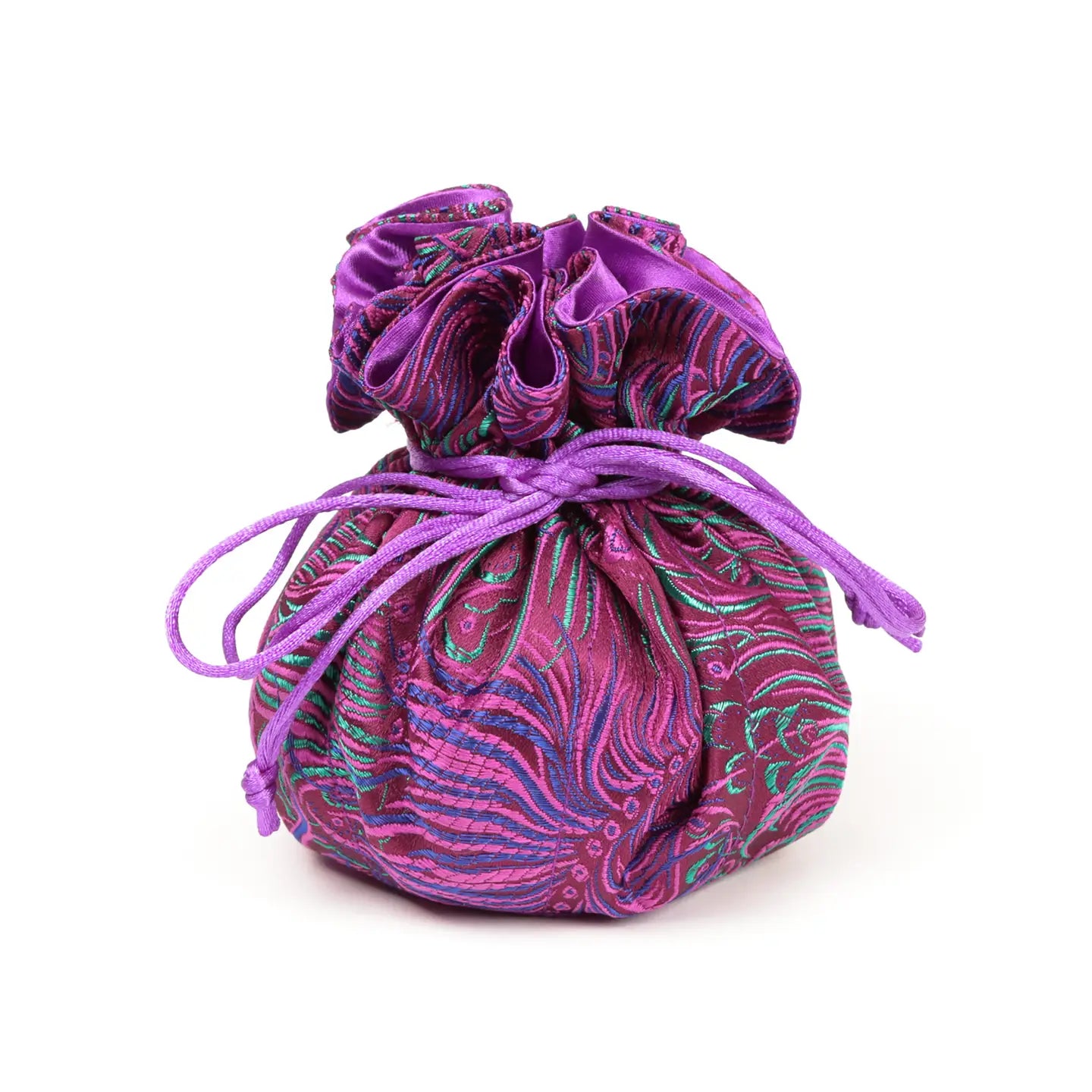 Peacock feather prints brocade jewelry pouch-purple, green & blue