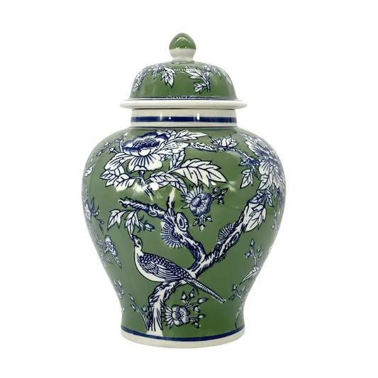 Green & Blue Floral Peony Ceramic Chinoiserie Jar 12"