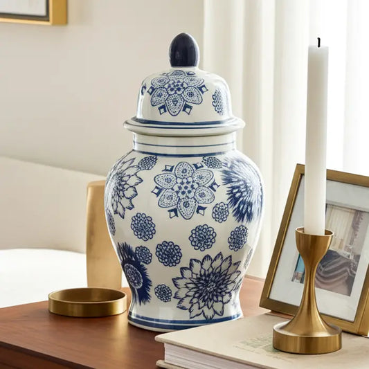 blue ceramic assorted flowers temple jar 10"