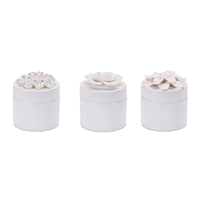 White Floral Box 4"Dx 4.5"H Stoneware Rose
