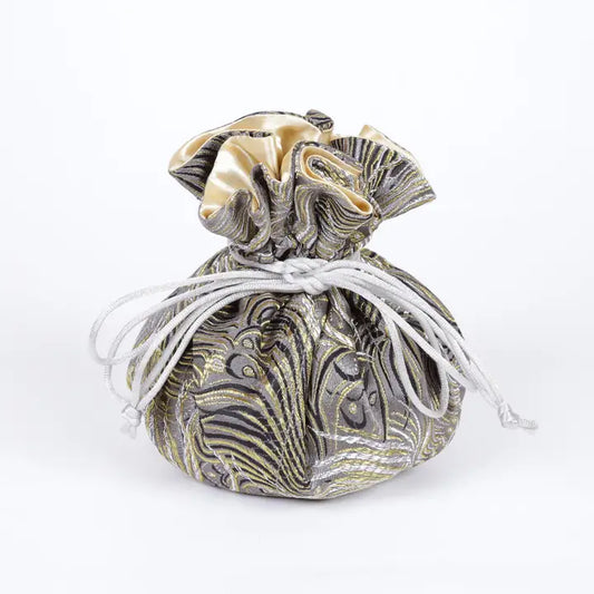 Peacock feather prints brocade jewelry pouch-gray, black & gold