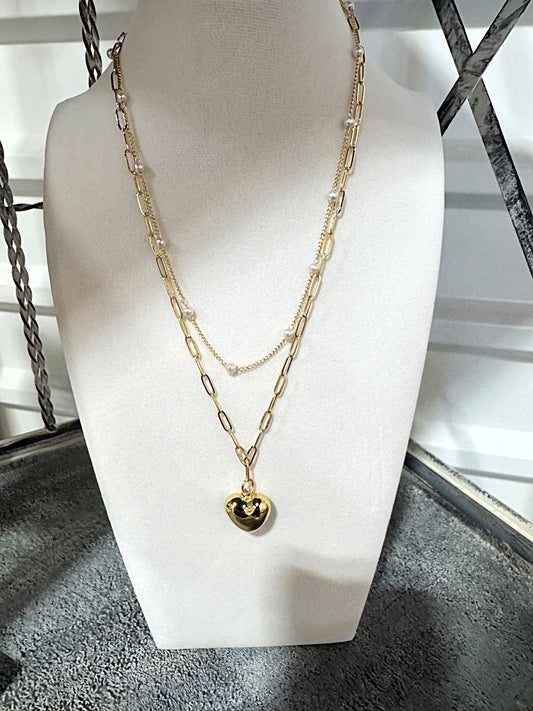 12" Gold & Pearl, 2 Layer Heart Necklace
