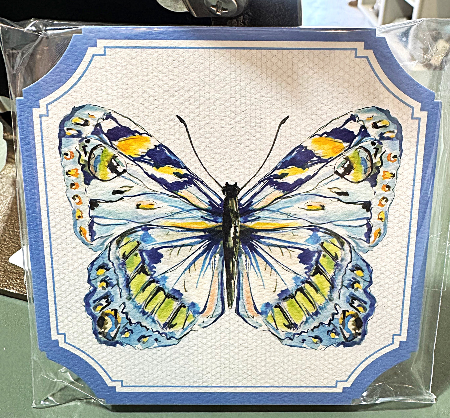 Die Cut Coaster Handpainted Blue and Yellow Butterfly and Floral Block Print