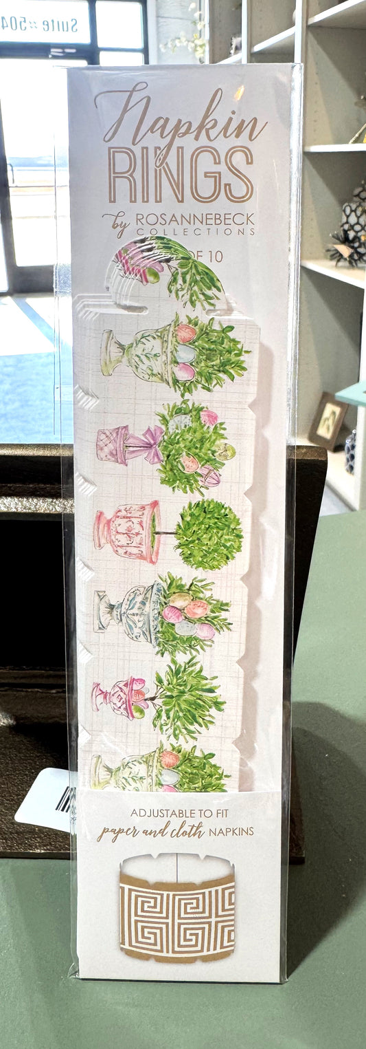 Napkin Ring Handpainted Easter Topiaries in Colorful Pastel Pots with Easter Eggs