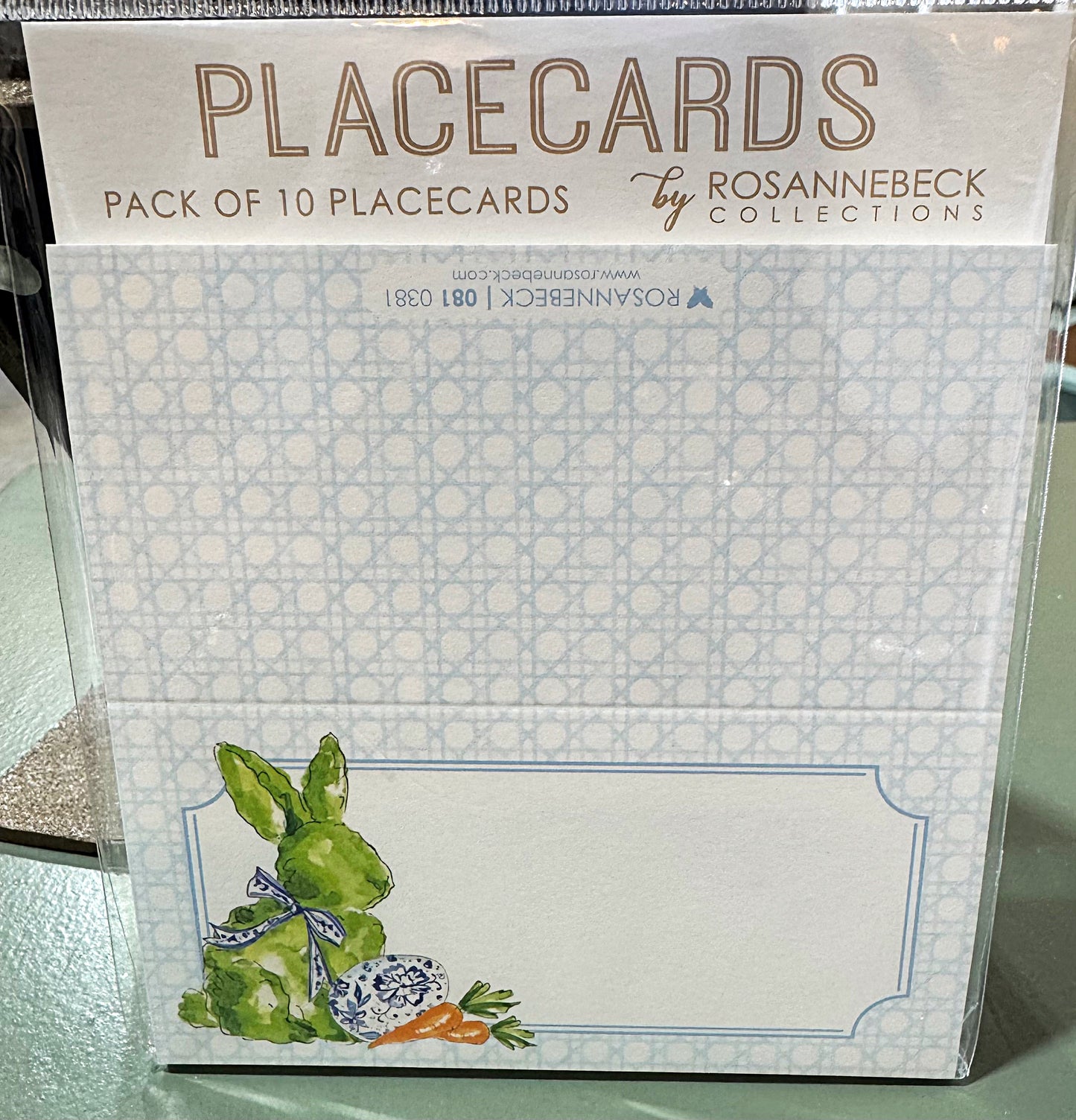 Placecard - Handpainted Topiary Bunny with Egg and Carrot on Light blue Cane Trellis