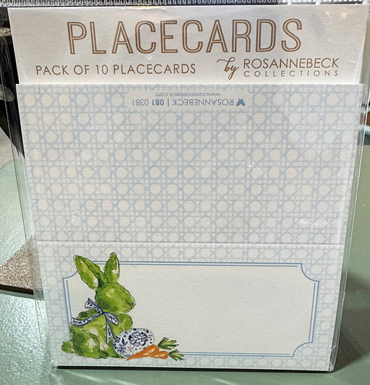 Placecard - Handpainted Topiary Bunny with Egg and Carrot on Light blue Cane Trellis