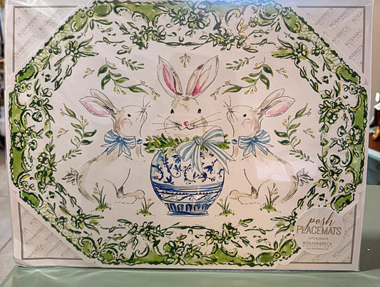 Posh Die Cut Placemat Handpainted Bunny in Chinoiserie Pot